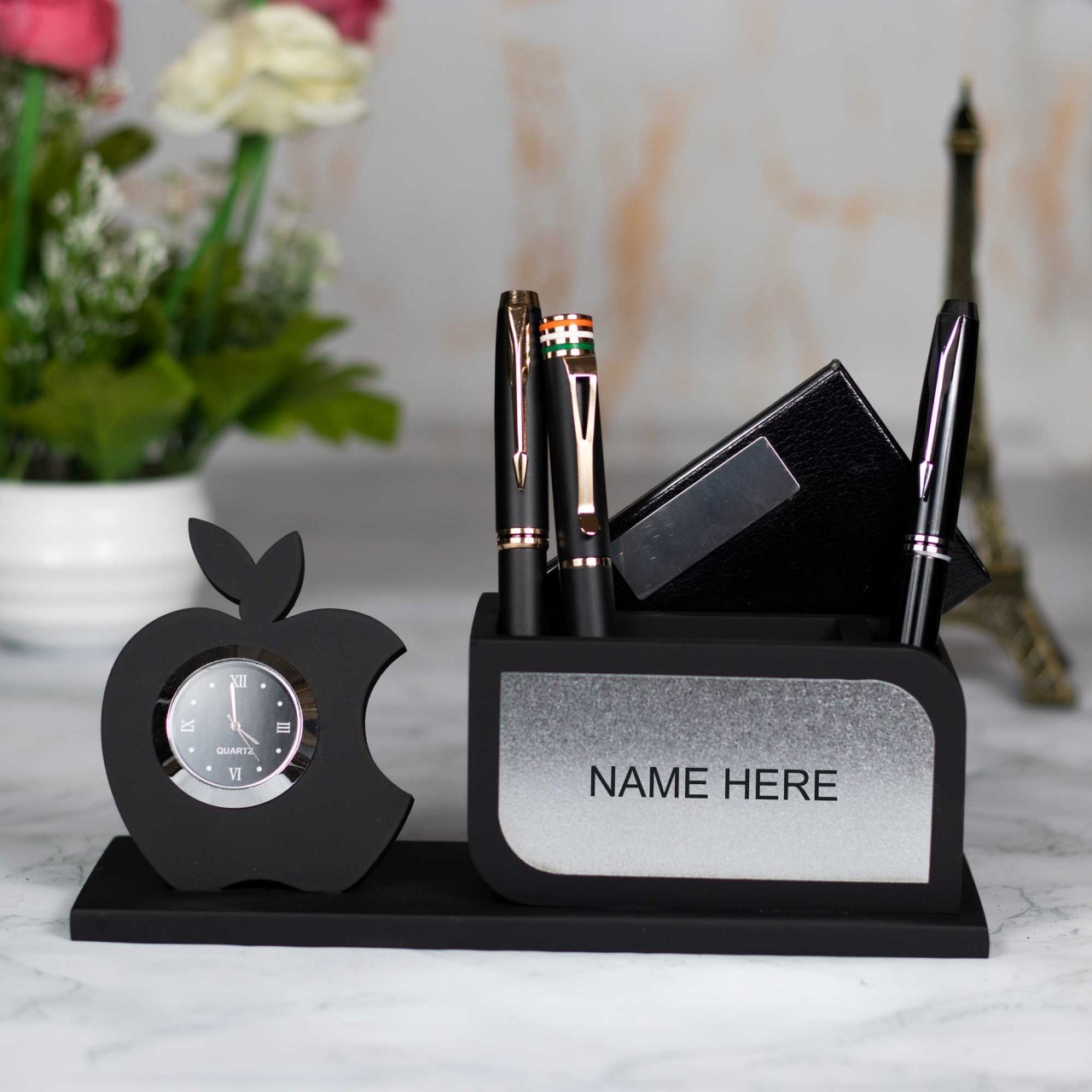 Apple shaped table watch attached with customized pens holder