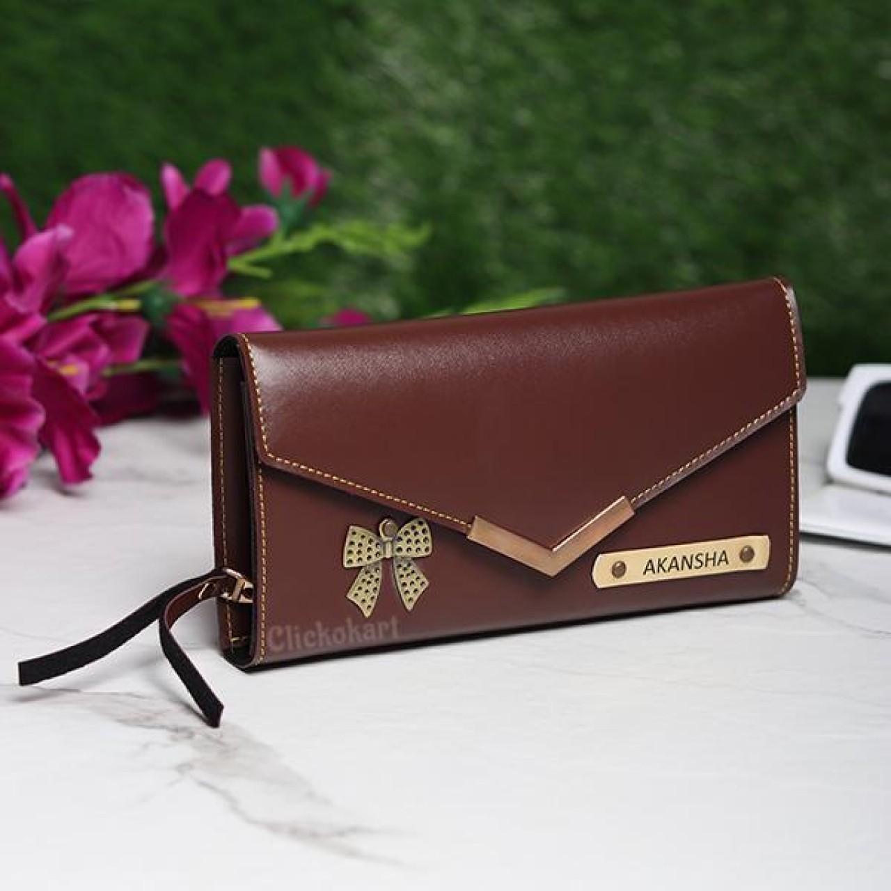 Personalized Ladies Clutch With Charm Brown Color