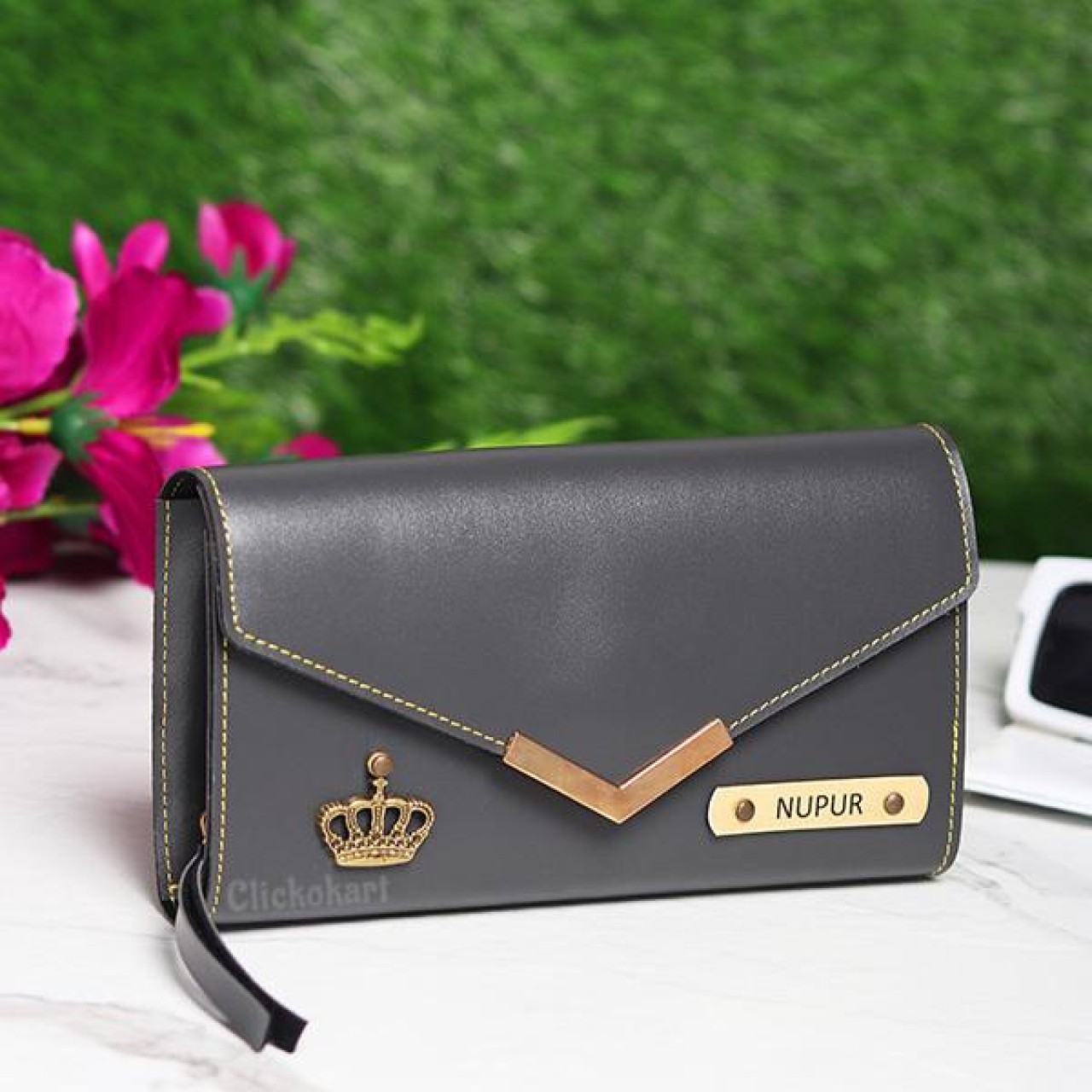 Personalised ladies clutch with charm grey color
