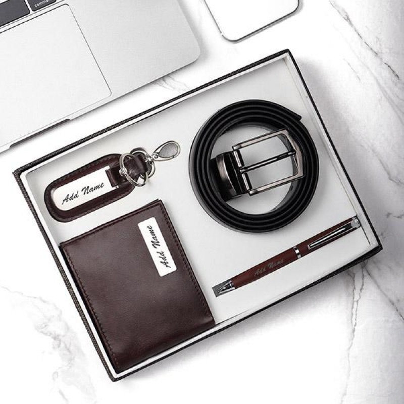 Personalized Men's Wallet Pen Key Chain & Belt Combo Gift Set Brown
