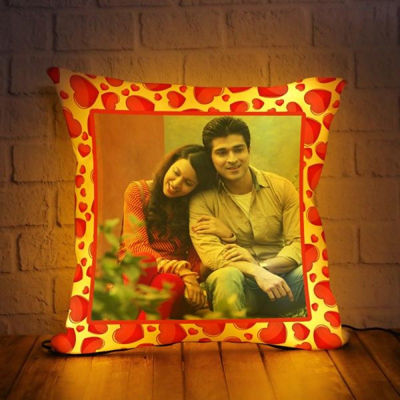 PERSONALIZED LED CUSHION WITH RED HEART BORDER DESIGN