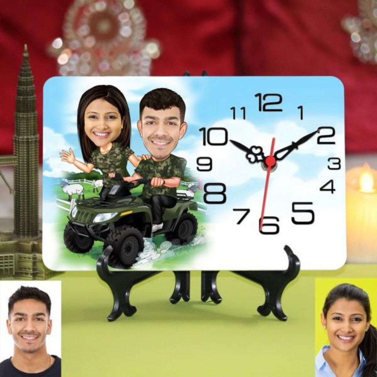 PERSONALIZED COUPLE CARICATURE TABLE CLOCK CAMOUFLAGE THEME