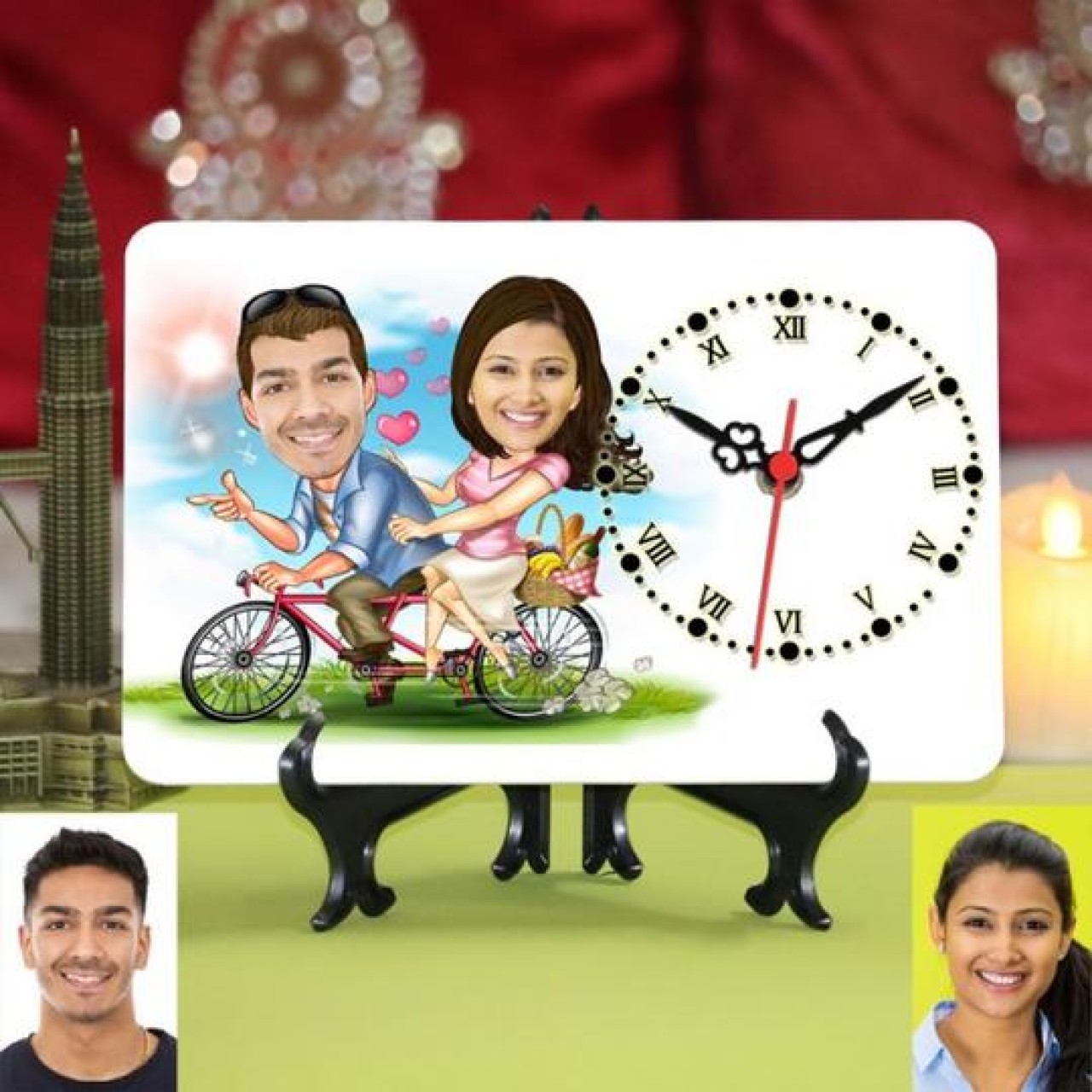 PERSONALIZED CYCLING COUPLE CARICATURE TABLE CLOCK