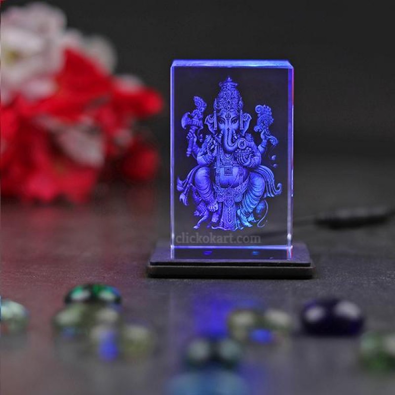 Lord Ganesha Rectangle Shape Crystal With Slim Light Base