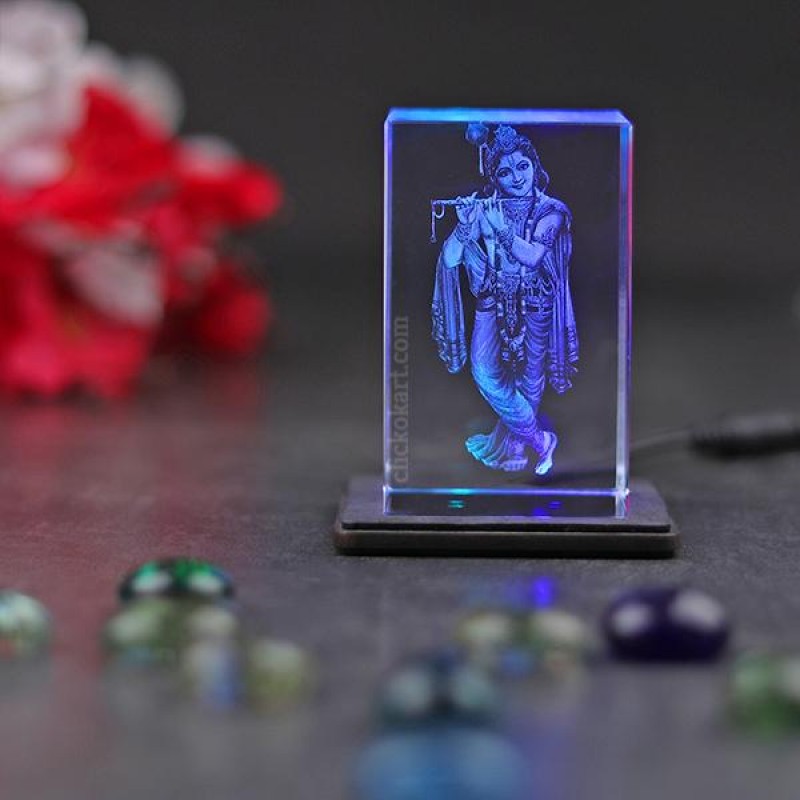 Lord Krishna Rectangle Shape Crystal With Slim Light Base