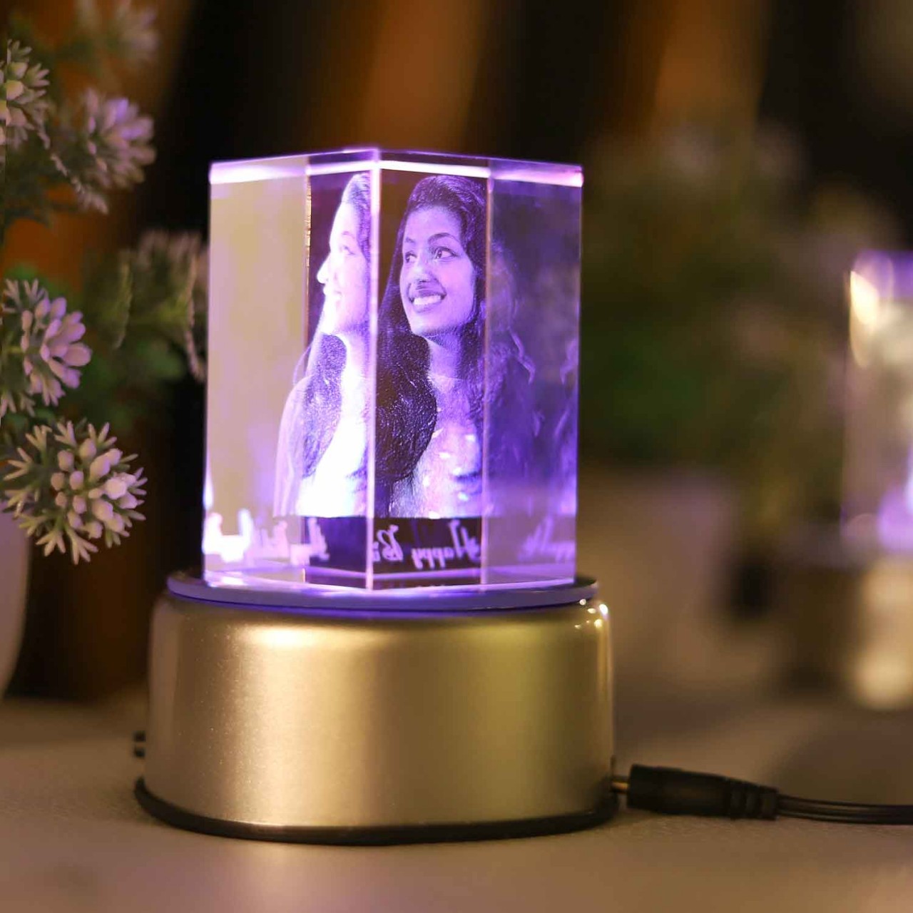 Personalized Crystal Cube With Rotating LED Stand