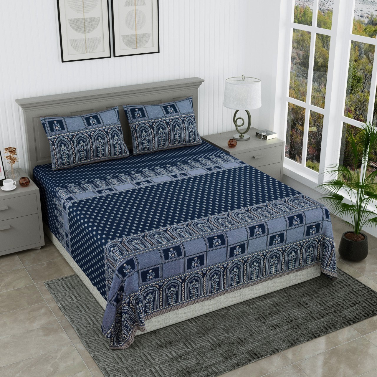 Exclusive Cotton Blue Jharoka Bedsheet