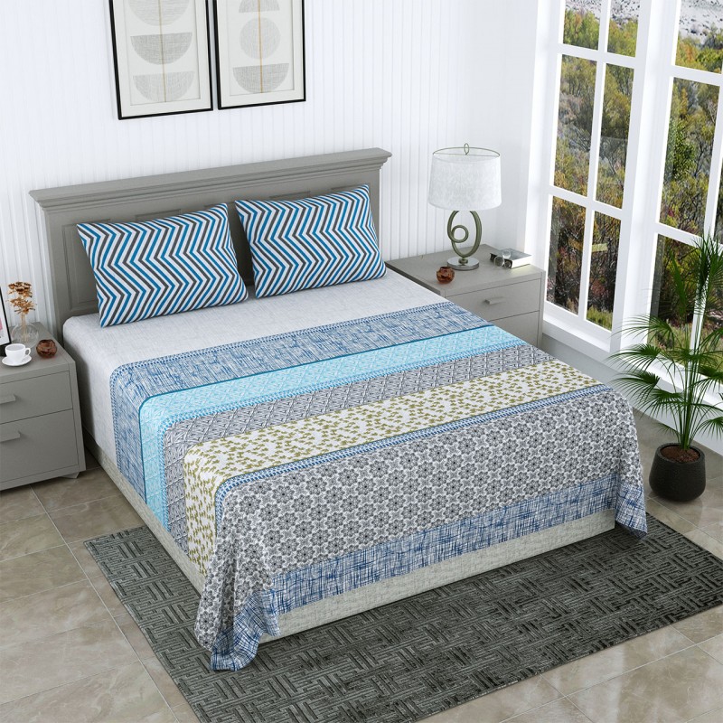 Classic Cotton Blue Floral Stripes Bedsheet