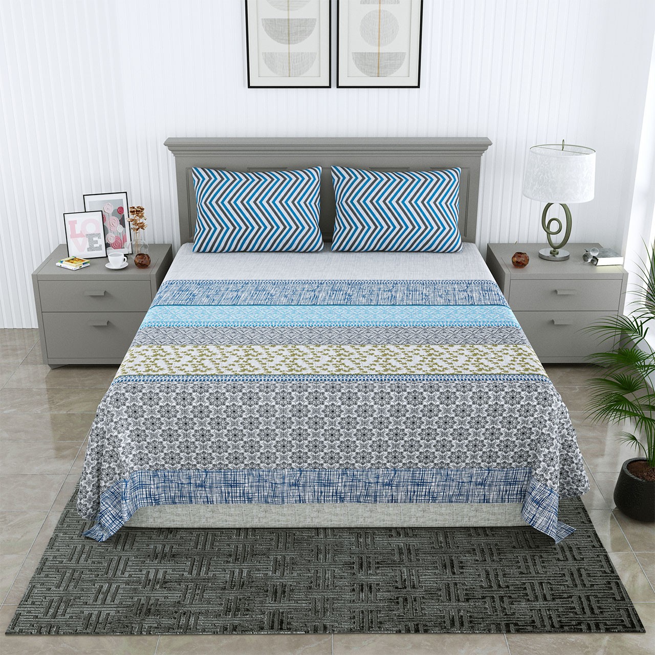 Classic Cotton Blue Floral Stripes Bedsheet