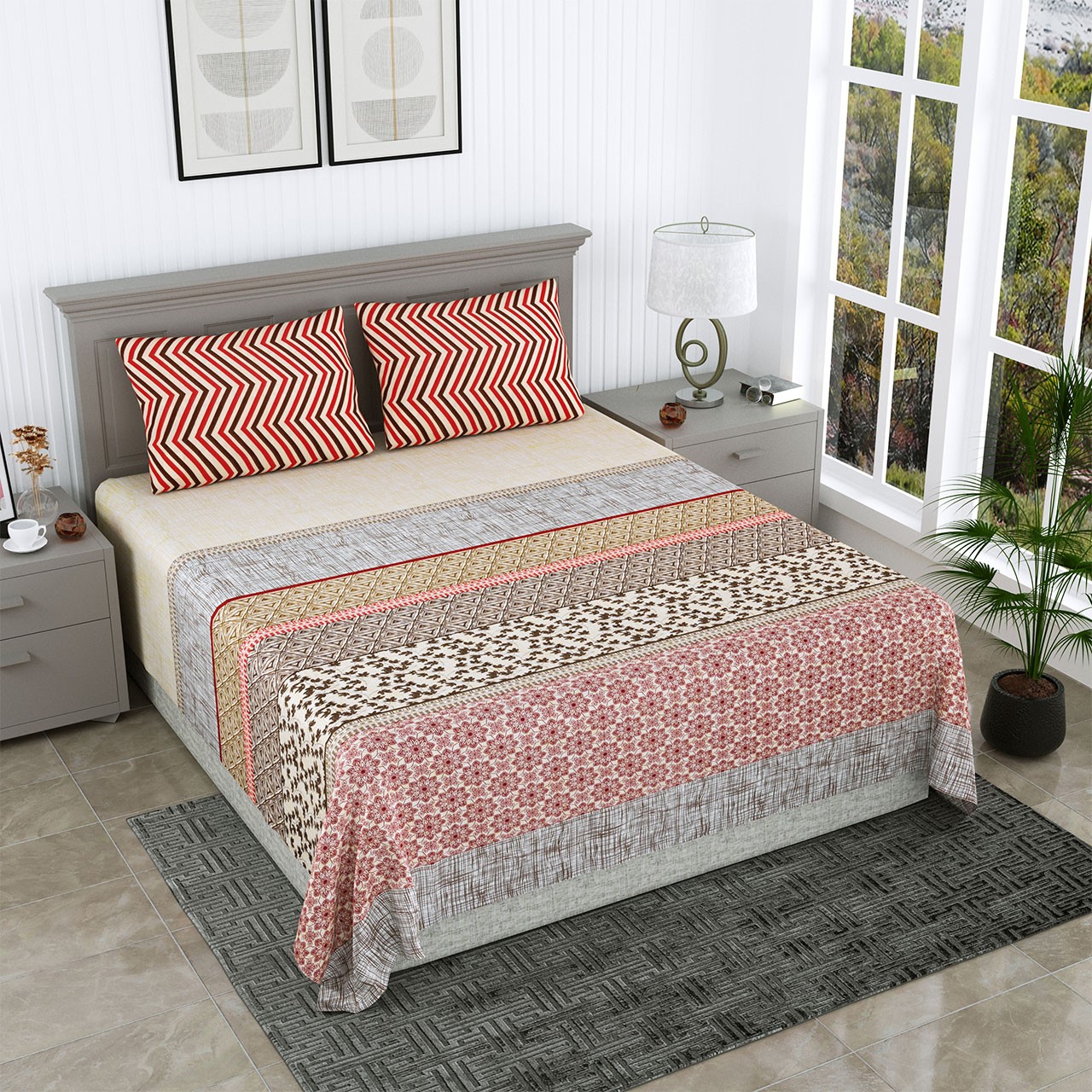 Classic Cotton Red Floral Stripes Bedsheet