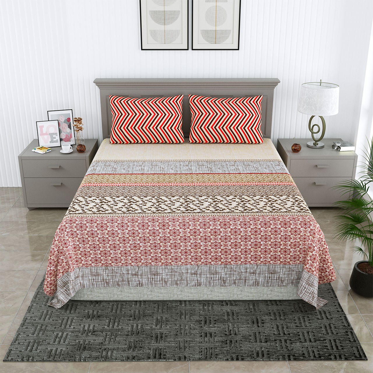Classic Cotton Red Floral Stripes Bedsheet
