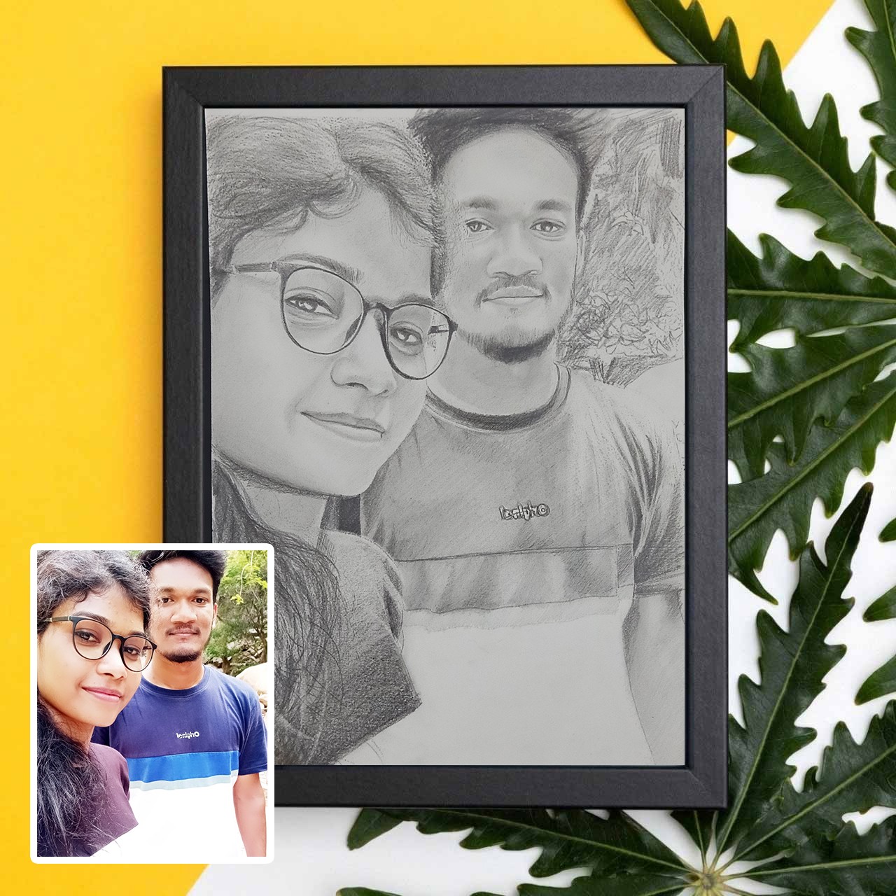 Handmade Couple Photo Pencil Sketch With Frame