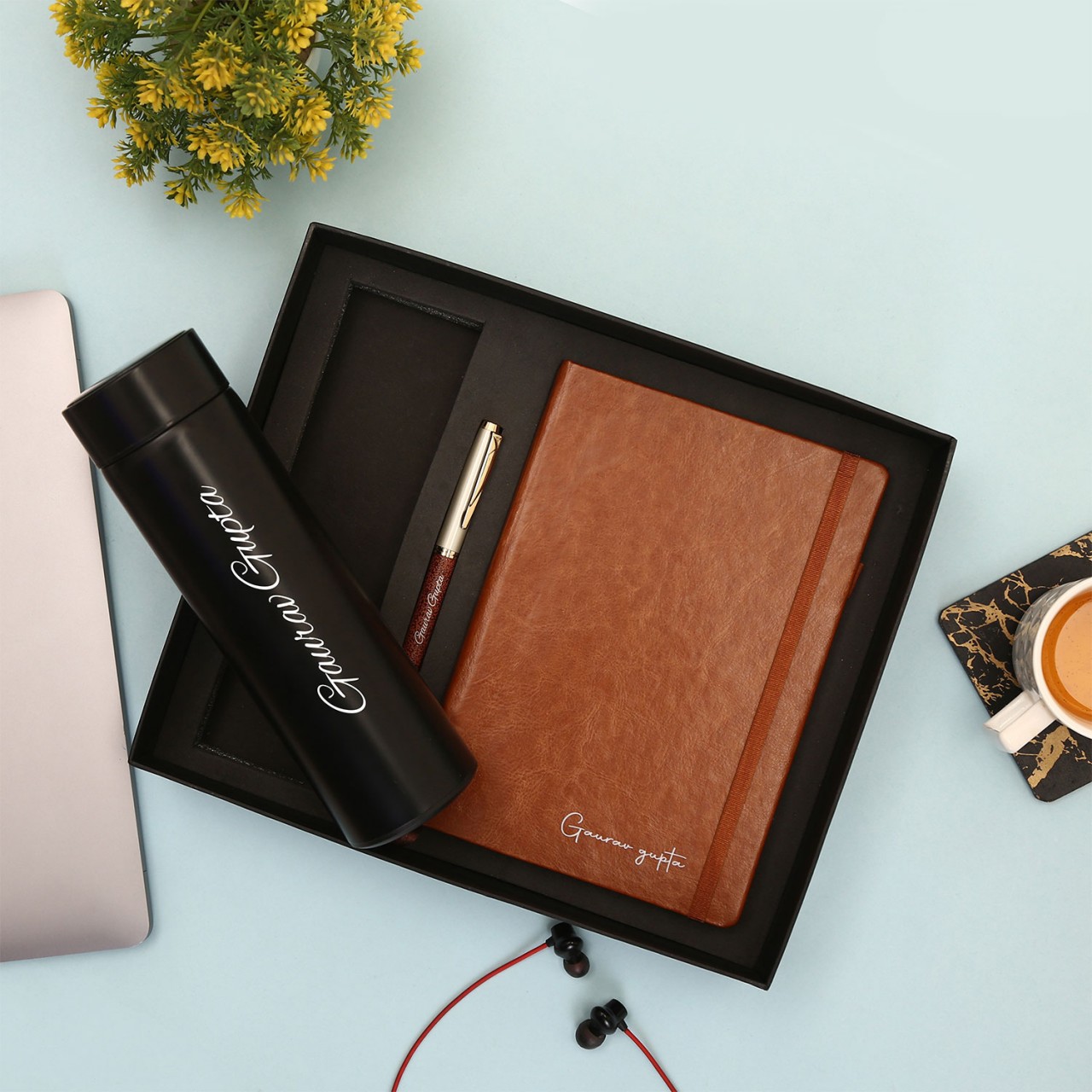 Personalized Brown Diary Pen And Black Bottle Combo