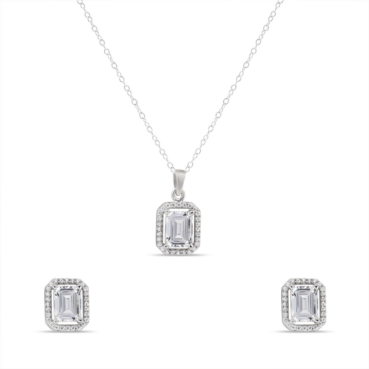 Anna Silver Emerald Halo Pendant Set