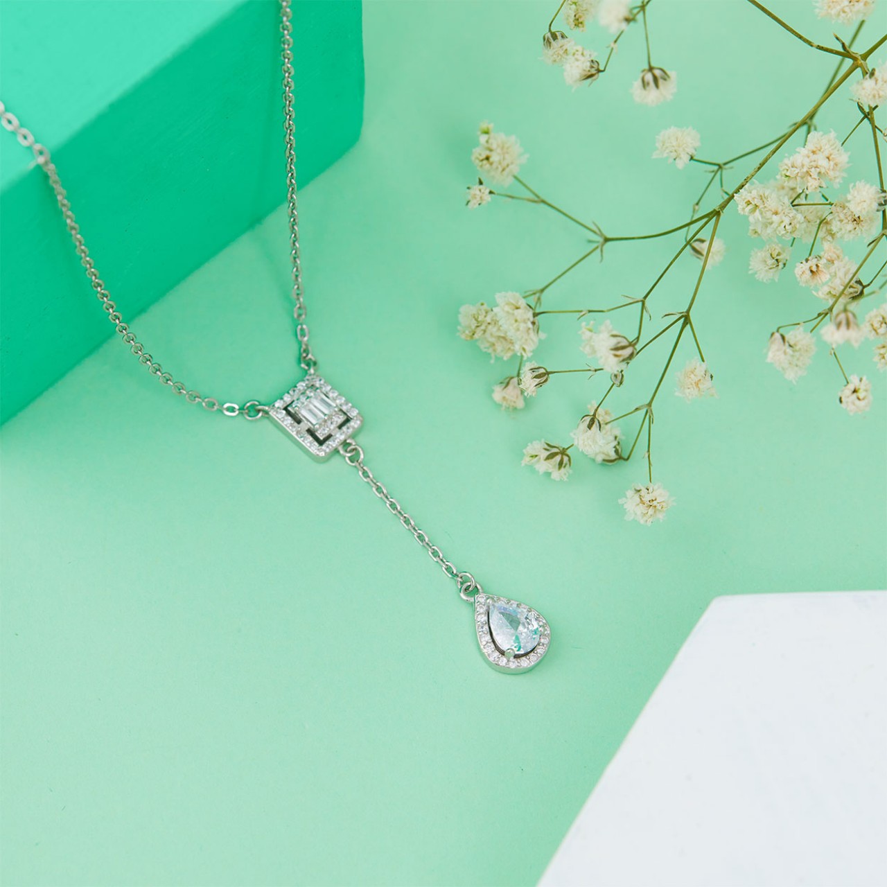 Olive Silver Emerald Pear Necklace