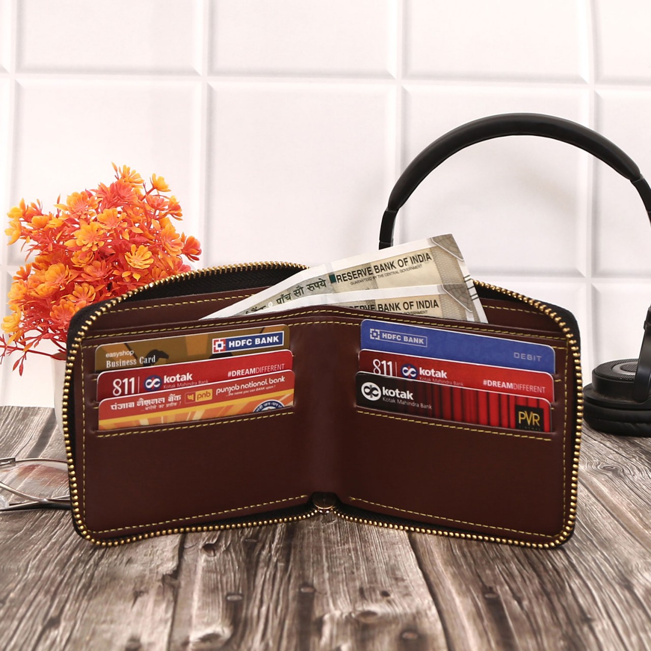 Personalized Unisex Wallet With Name & Charm - Brown