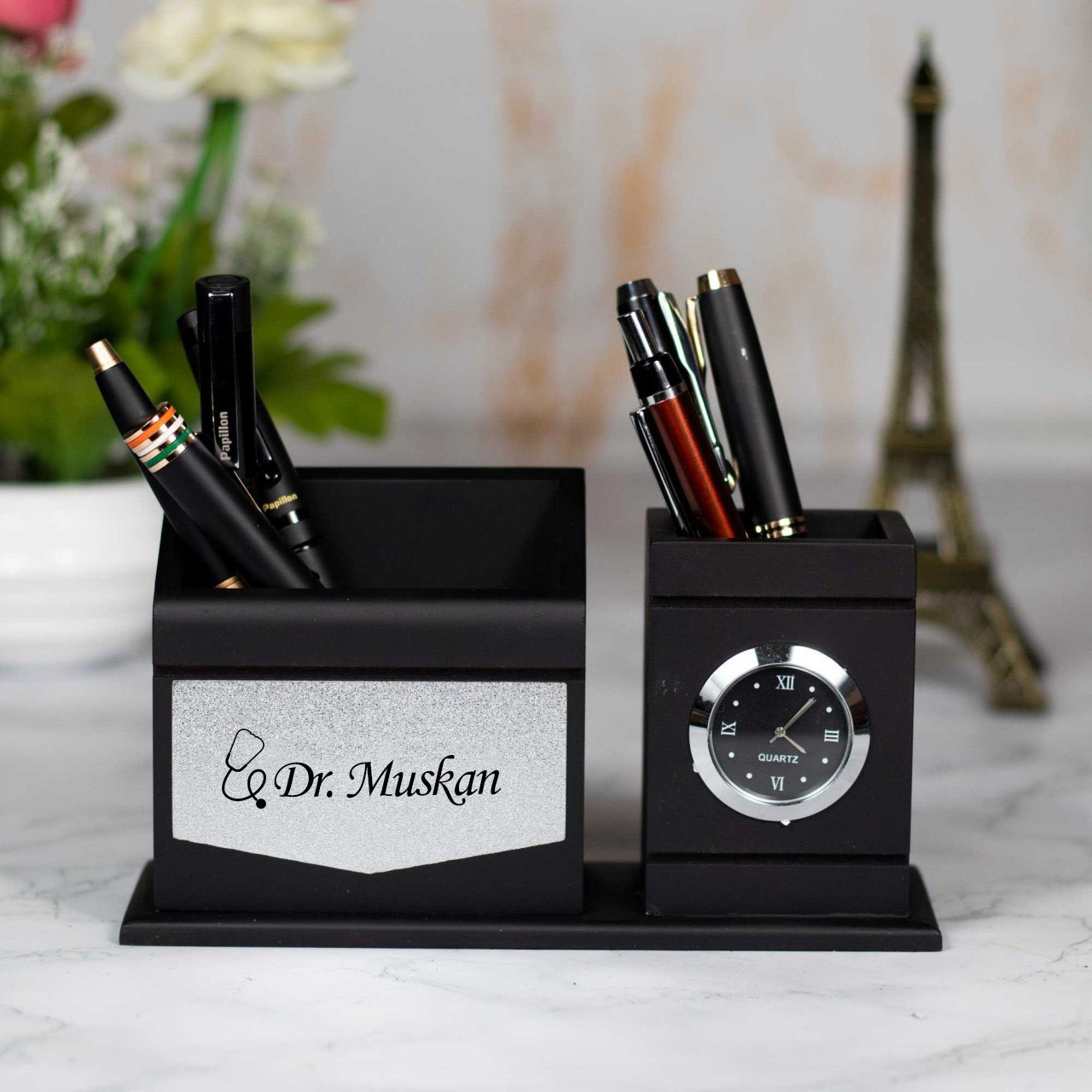 Personalized Pen Holder With Clock For Doctors