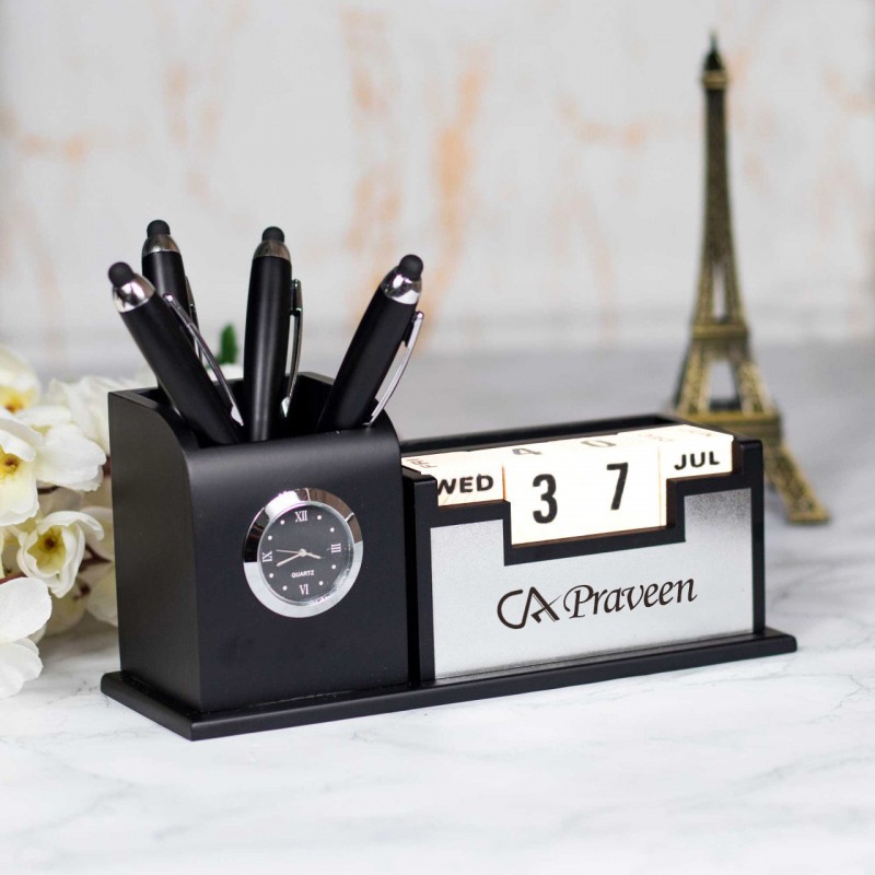 Personalized Table Stand With Calendar & Clock For CA