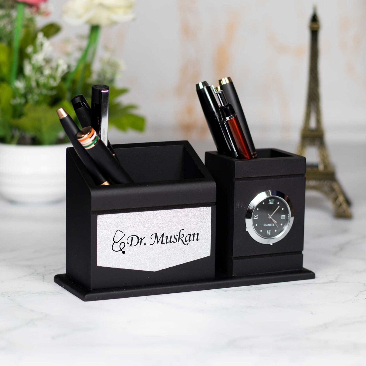 Personalized Pen Holder With Clock