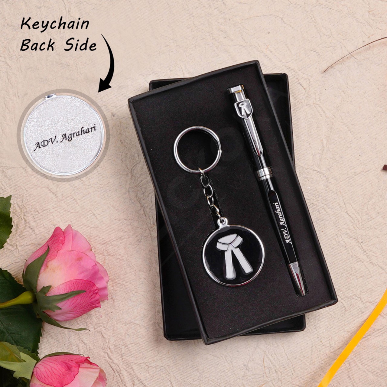 Personalized Metallic Key Chain And Pen Gift Set