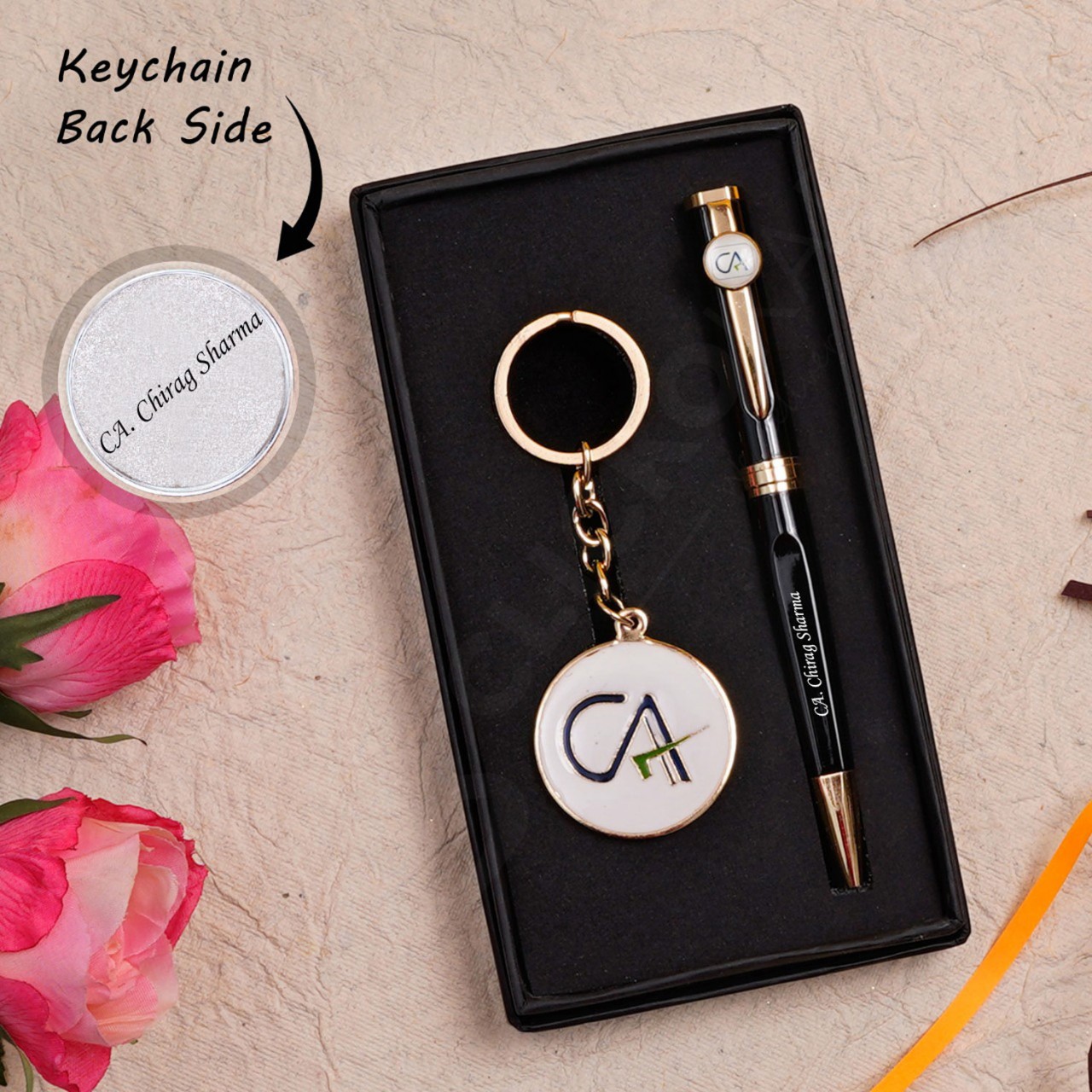 Personalized Metallic Key Chain And Pen Gift Set