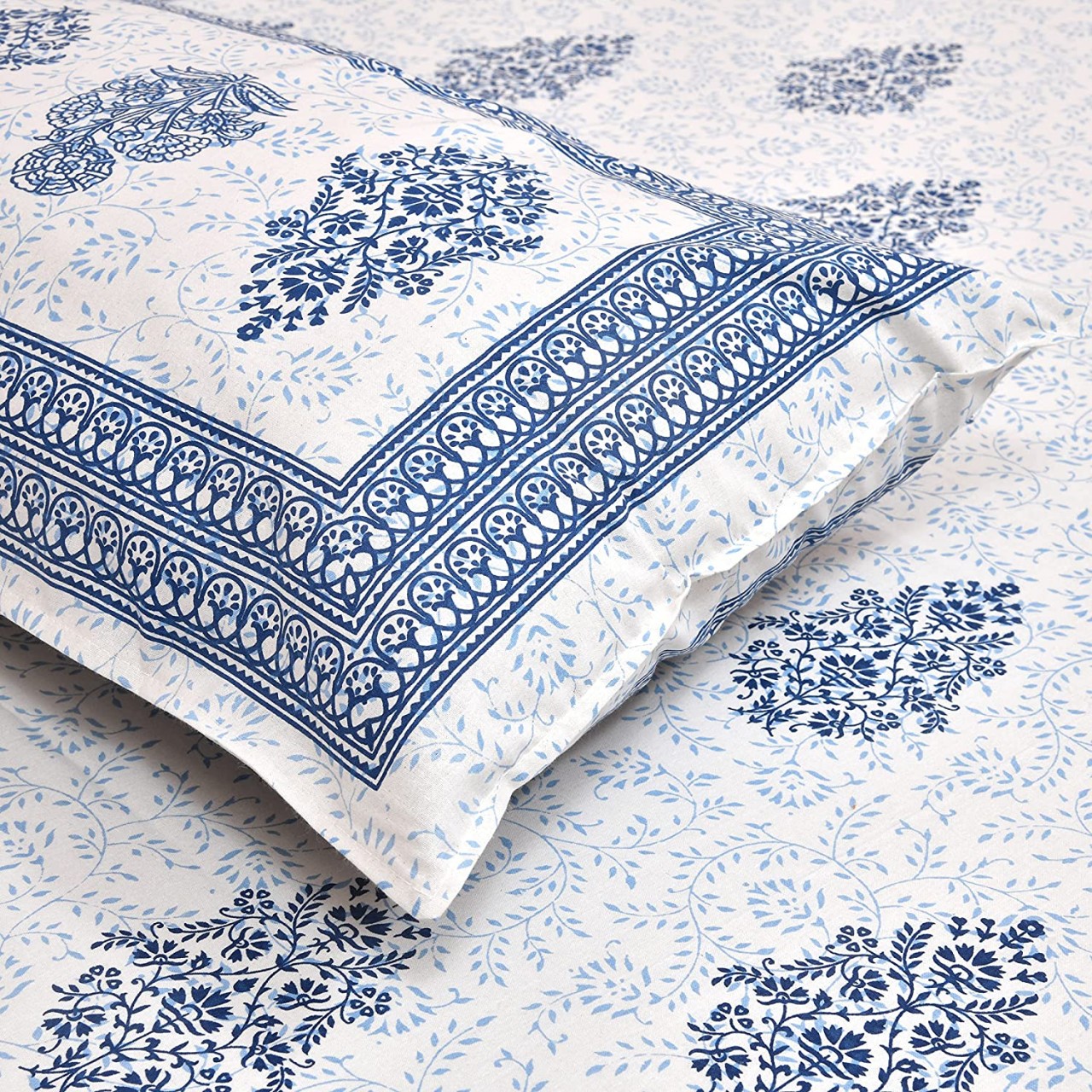 Classic Cotton Blue Block Printed Bedsheet Set