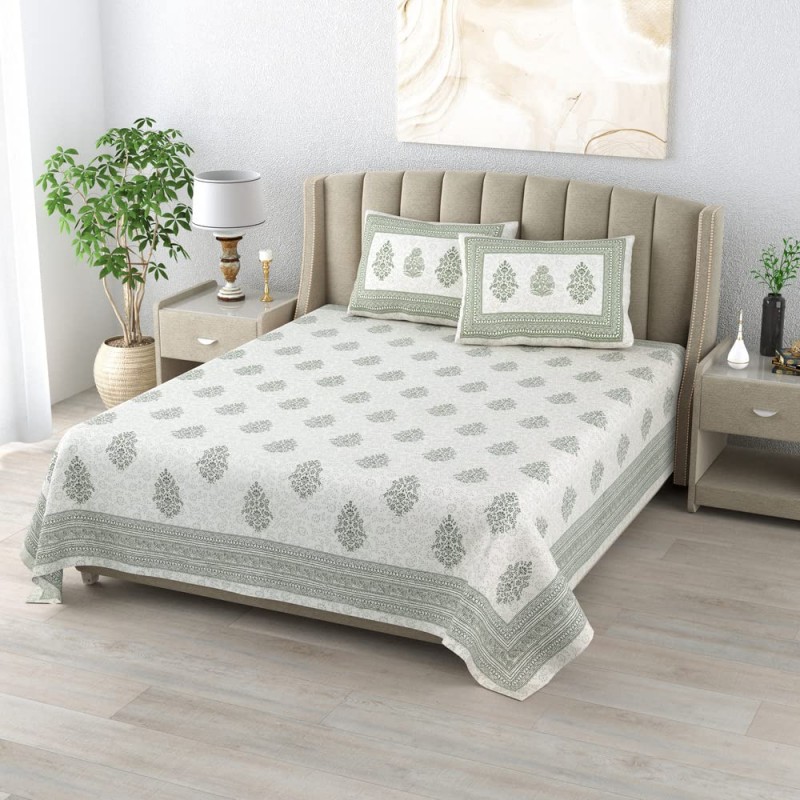 Classic Cotton Green Block Printed Bed Sheet Set