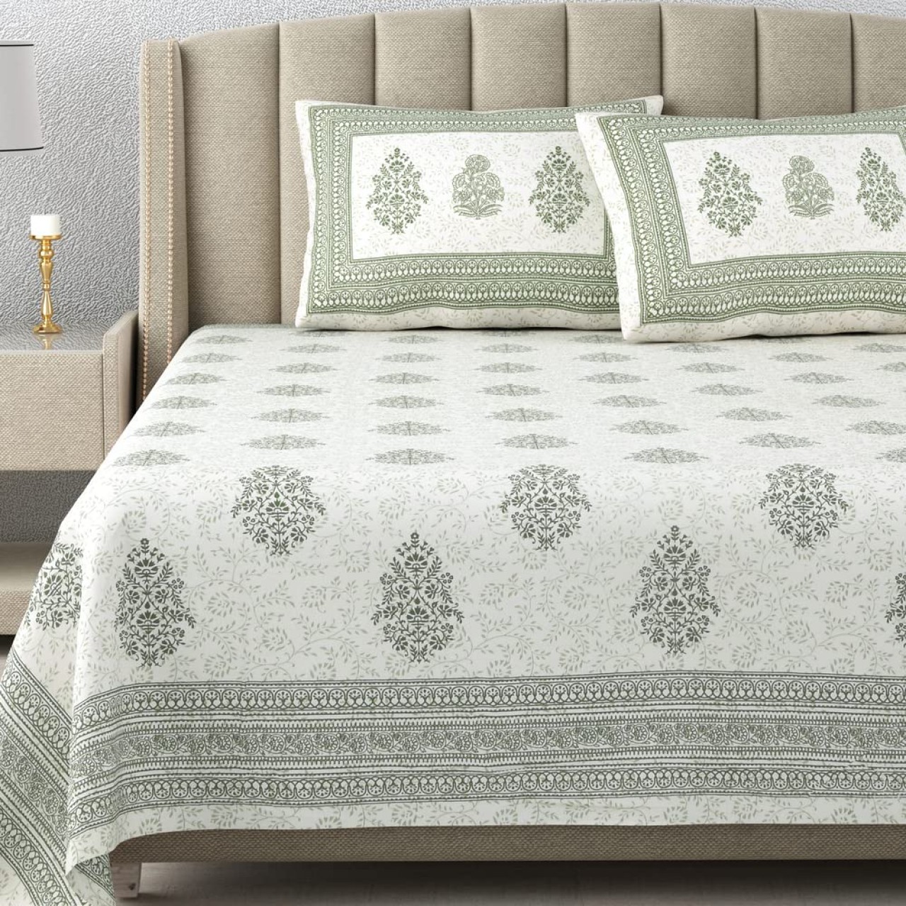 Classic Cotton Green Block Printed Bed Sheet Set