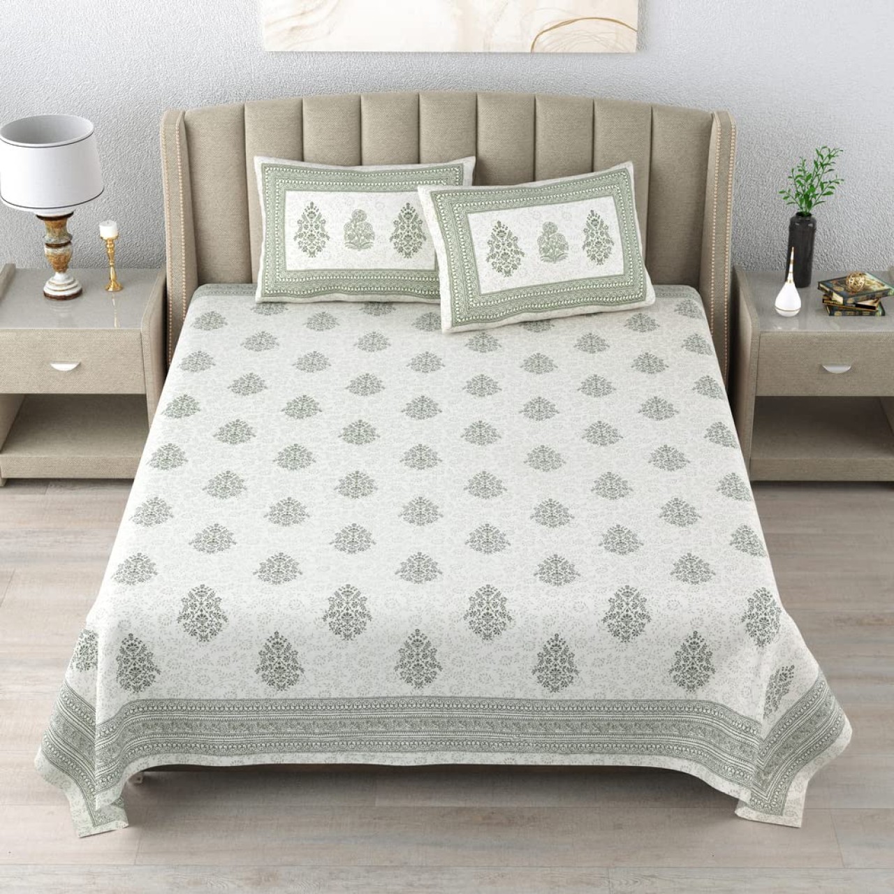 Classic Cotton Green Block Printed Bed Sheet Set