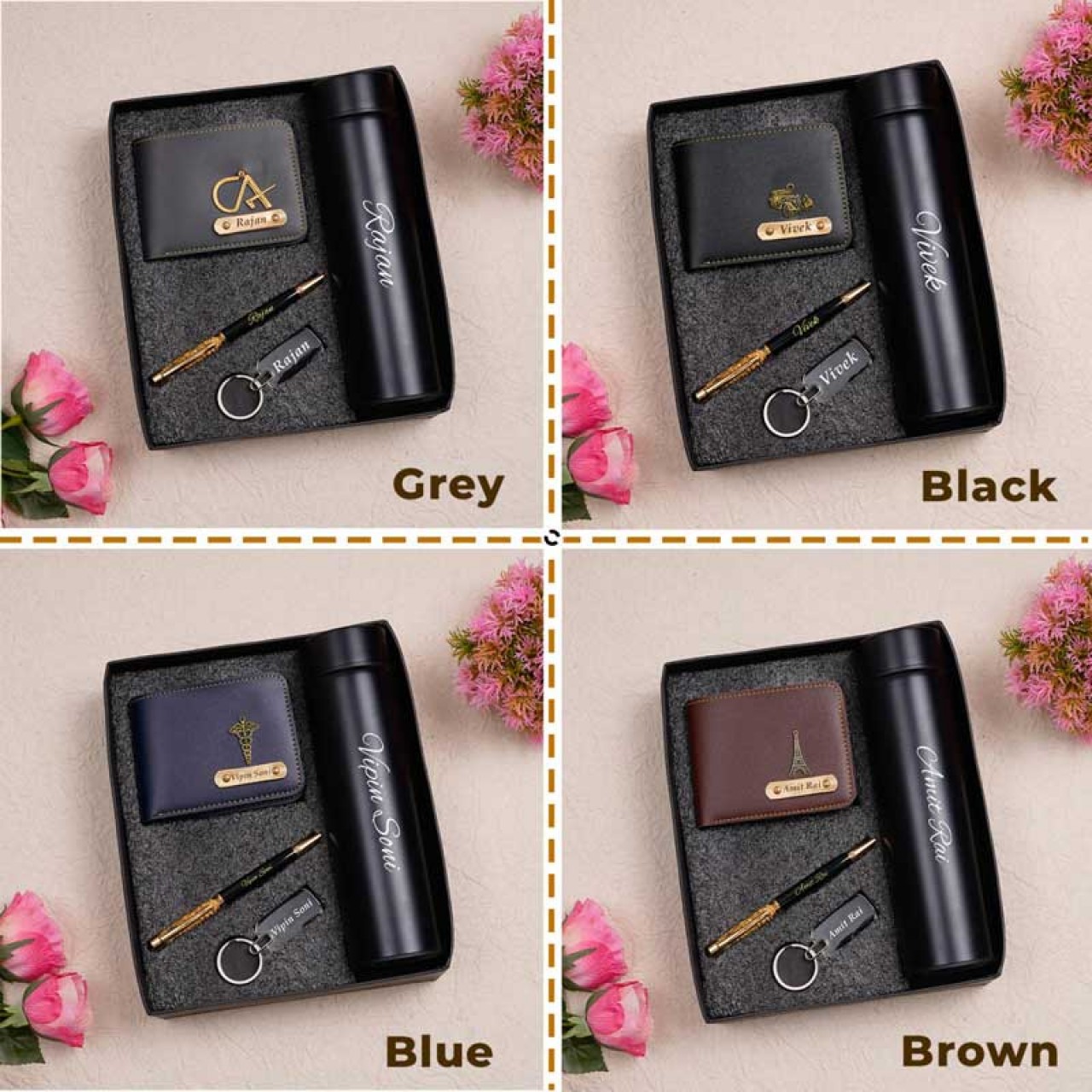 Personalized Wallet Key Chain Pen Combo With Temperature Water Bottle
