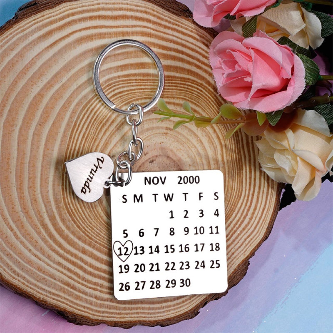 Personalized Calendar Keychain With Name Heart
