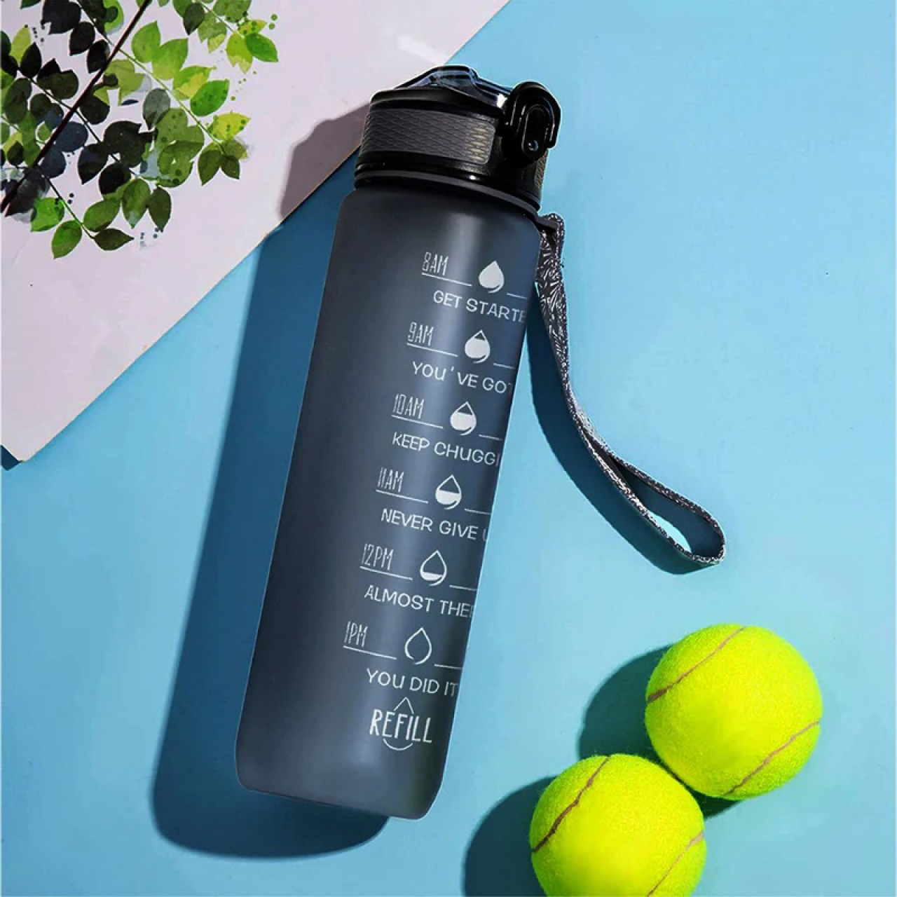 Motivational Sipper Water Bottle With Time Marker - Black