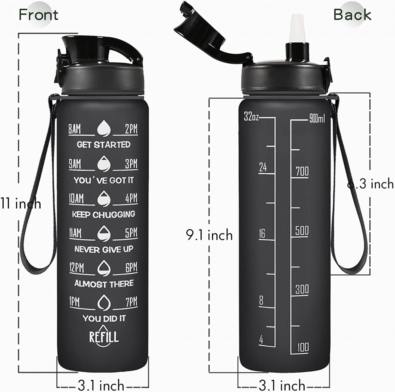 Motivational Sipper Water Bottle With Time Marker - Black
