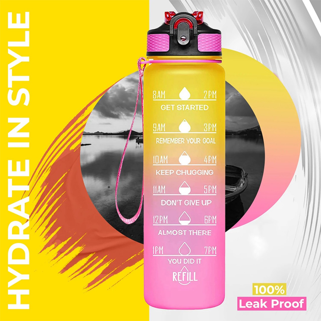 Motivational Sipper Water Bottle With Time Marker | Yellow-Pink