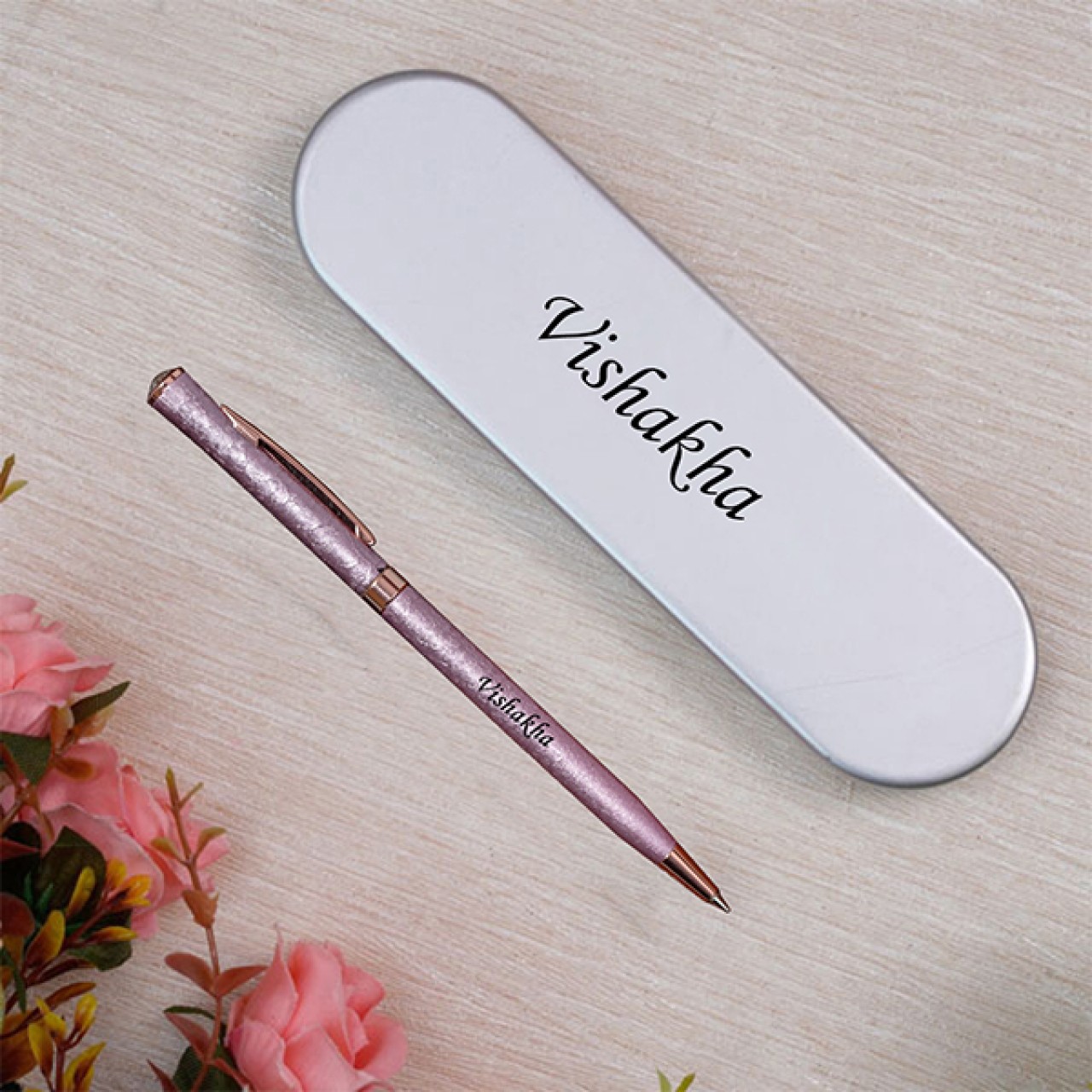 Personalized Rose Gold Metallic Ball Pen With Tin Box