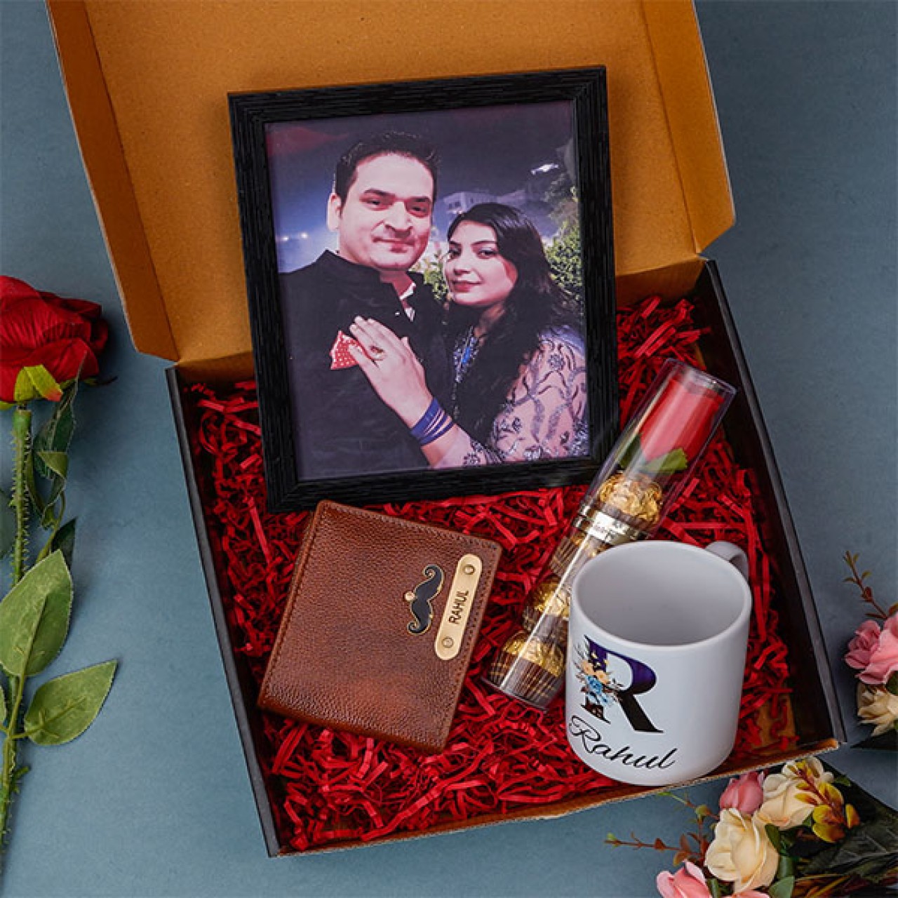 Personalized Wallet Frame With Mug & Chocolate Couple Hamper