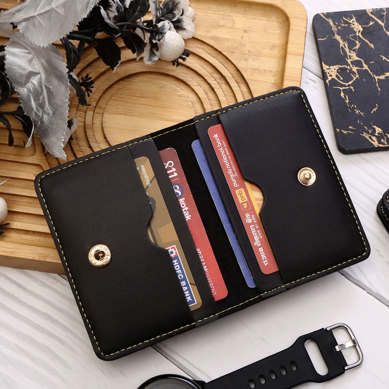 Personalized Card Holder With Name & Charm - Black