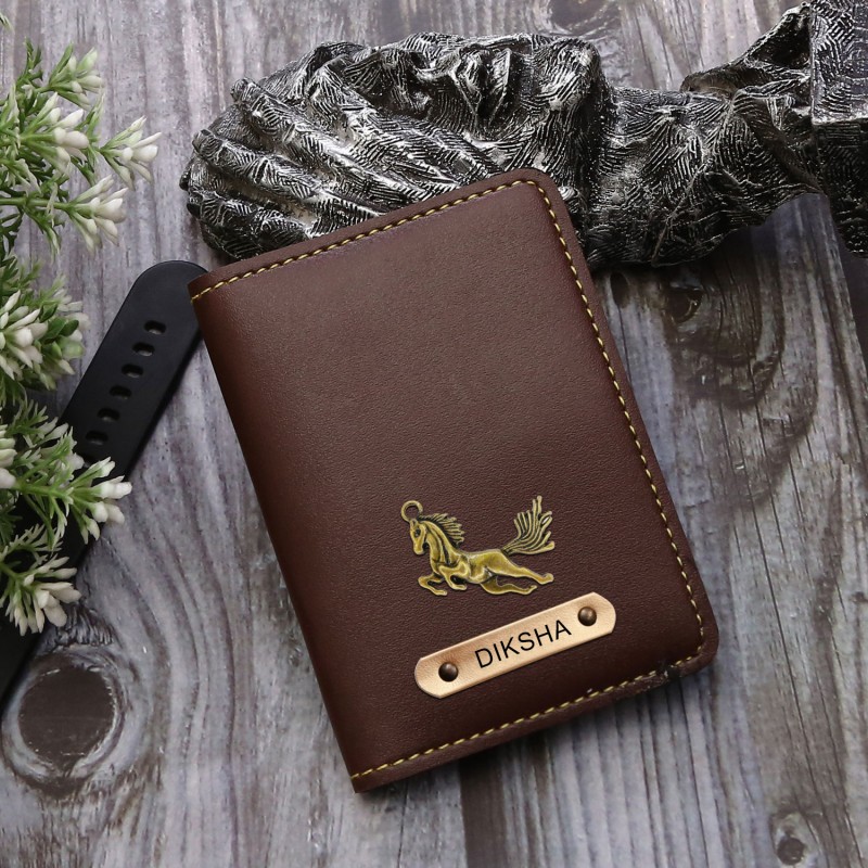 Personalized Card Holder With Name & Charm - Brown