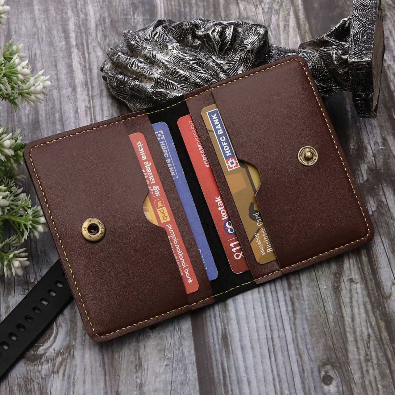 Personalized Card Holder With Name & Charm - Brown