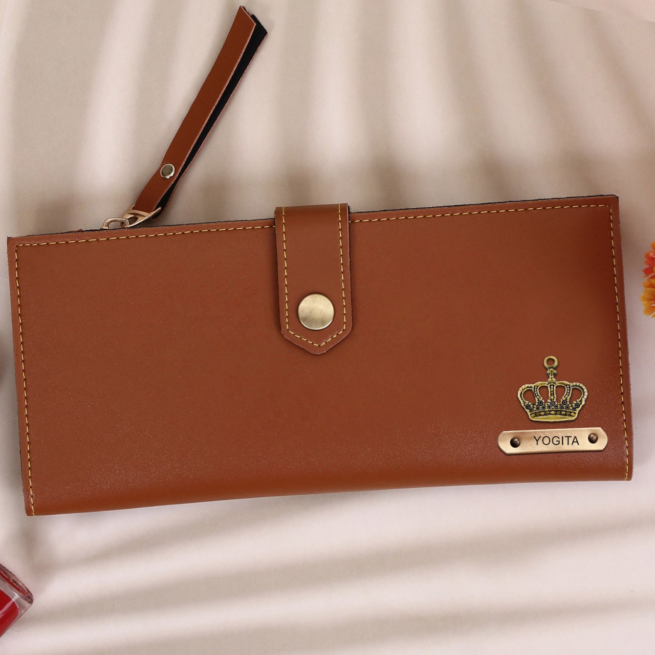 Personalized Clutch With Name & Charm - Tan