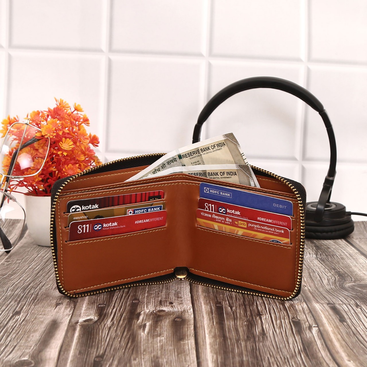 Personalized Unisex Wallet With Name & Charm - Tan