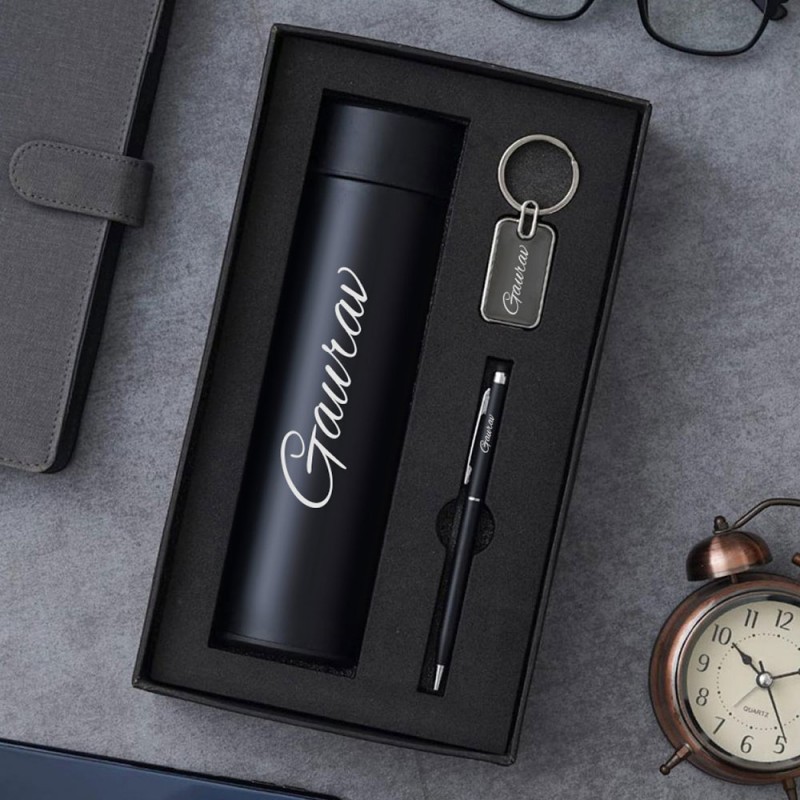 Personalized Key Chain & Pen Combo With Temperature Water Bottle