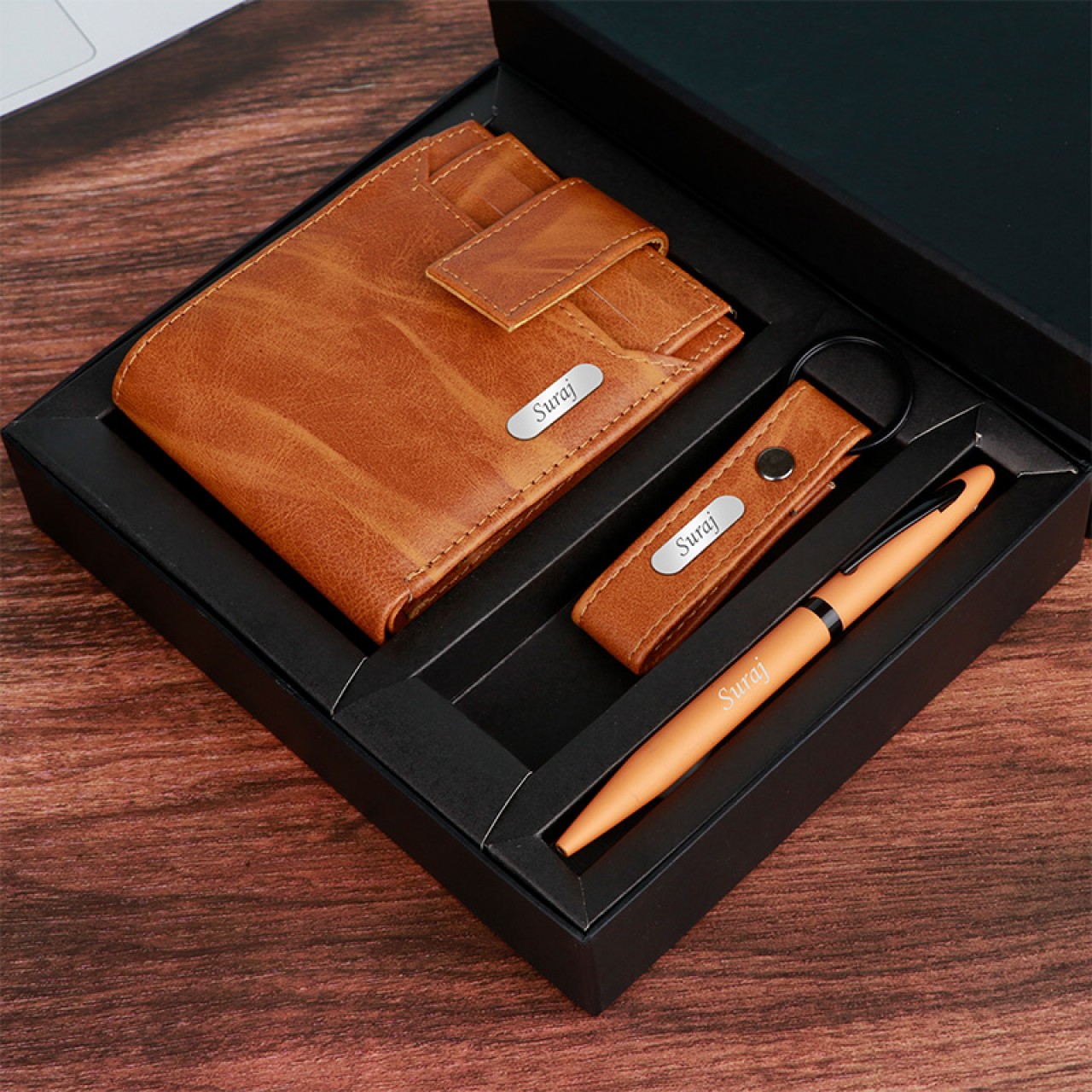 Personalized Tan Wallet Keychain & Pen Gift Set