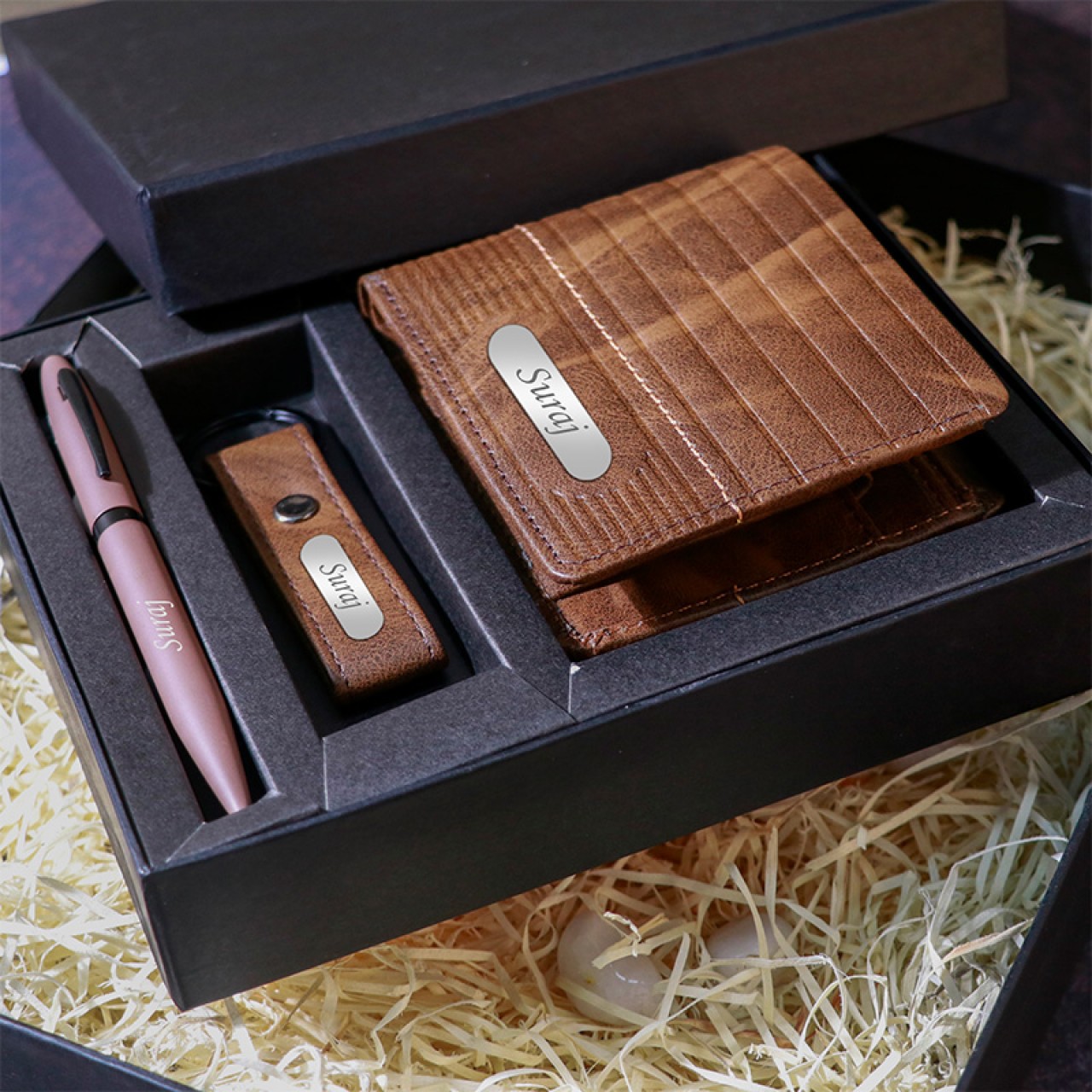 Personalized Brown Wallet Keychain & Pen Gift Set