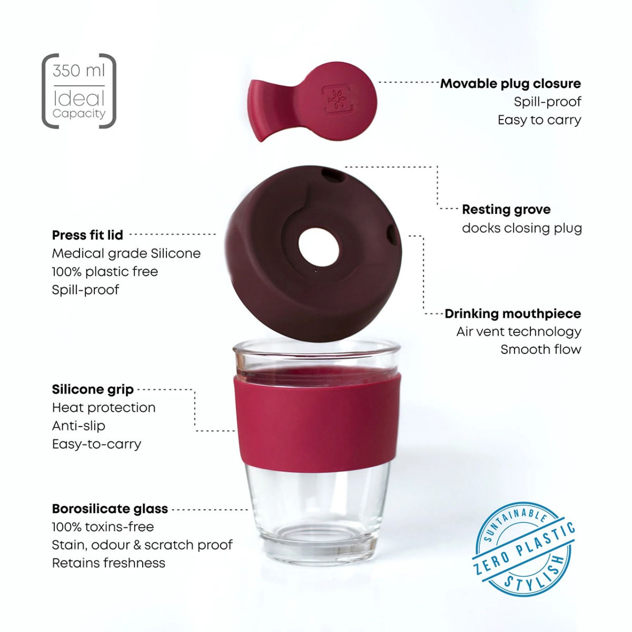 Borosilicate Glass Brew Cup With Silicone Grip & Lid