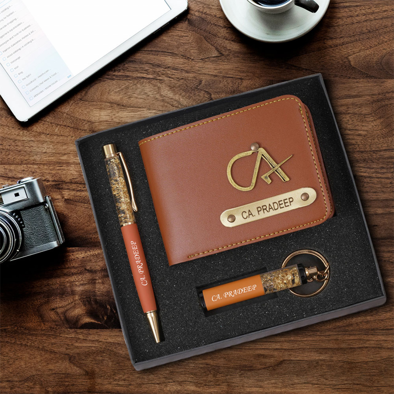 Personalized Wallet With Crystal Pen & Keychain Gift Set