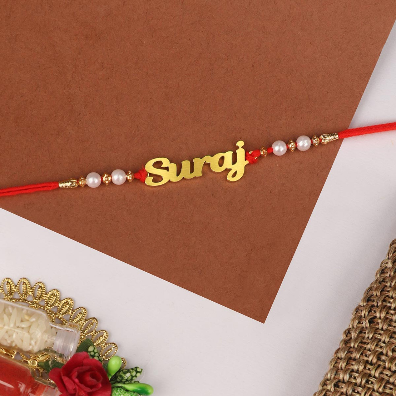 Personalized Classic Style Name Rakhi With Pearl Beads
