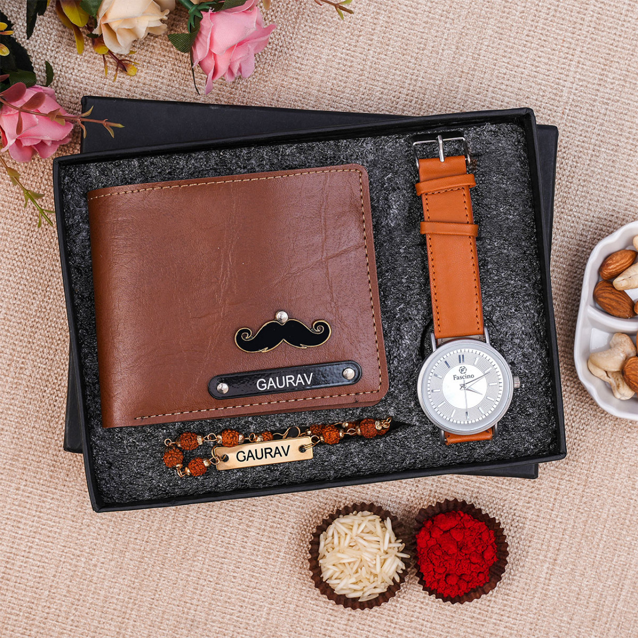 Personalized Wallet, Wrist Watch & Rudraksh Rakhi Gift Set