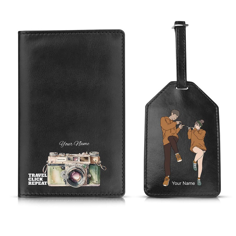 Personalized Traveloholic Passport Cover & Luggage Tag Combo - Black